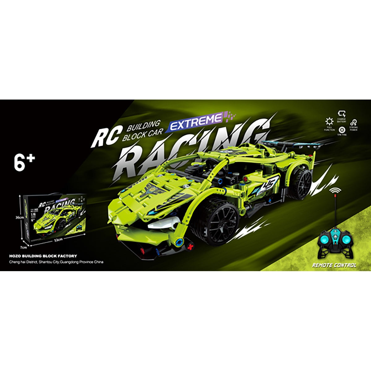 K&T 1:16 Remote Control Building Block Car in lime green, featuring realistic racing design and remote control for kids aged 6+. Ideal for STEM play.